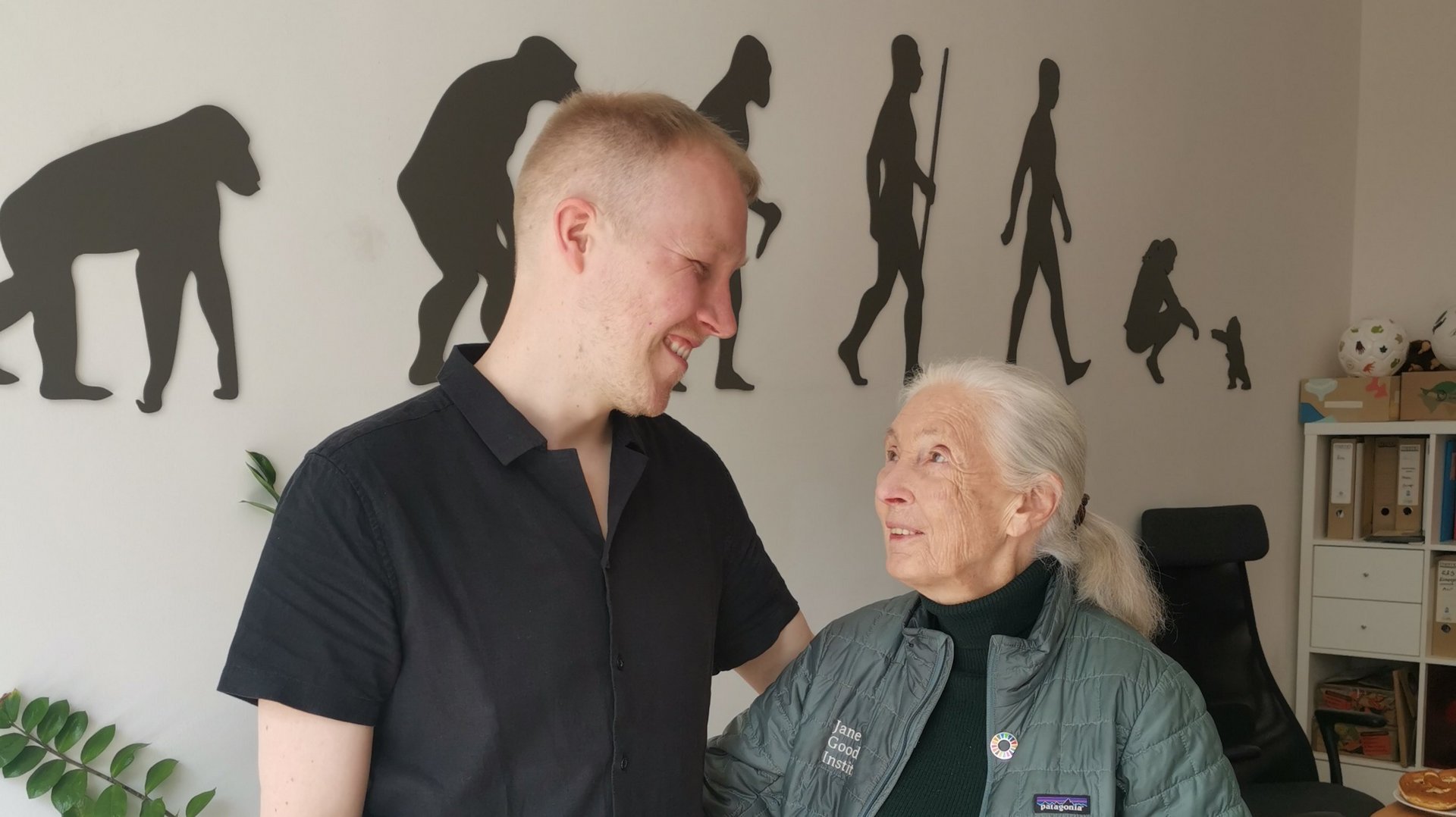 The photo shows renowned primatologist and UN Messenger of Peace Dr. Jane Goodall and researcher group leader Dr. Fabien Schultz, while discussing about about their project collaboration at her study site in Gombe, Tanzania