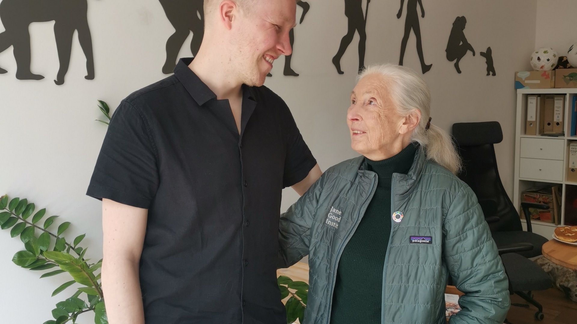 The photo shows renowned primatologist and UN Messenger of Peace Dr. Jane Goodall and researcher group leader Dr. Fabien Schultz, while discussing about about their project collaboration at her study site in Gombe, Tanzania