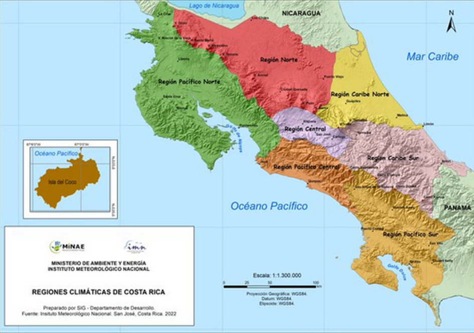 Climate zones in Costa Rica (seven climate zones, each represented by a different colour)