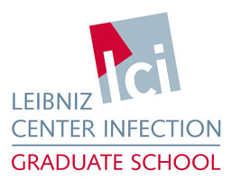 Logo Leibniz Center Infection: Leibniz is written in blue-grey in the middle of the logo, next to it is an angled rectangle, also in blue-grey, with one corner asymmetrically framed in red. In the rectangle you can see the letters L C I in white. Under Leibniz is written Center Infection, also in blue-grey. Underneath that in red is Graduate School.